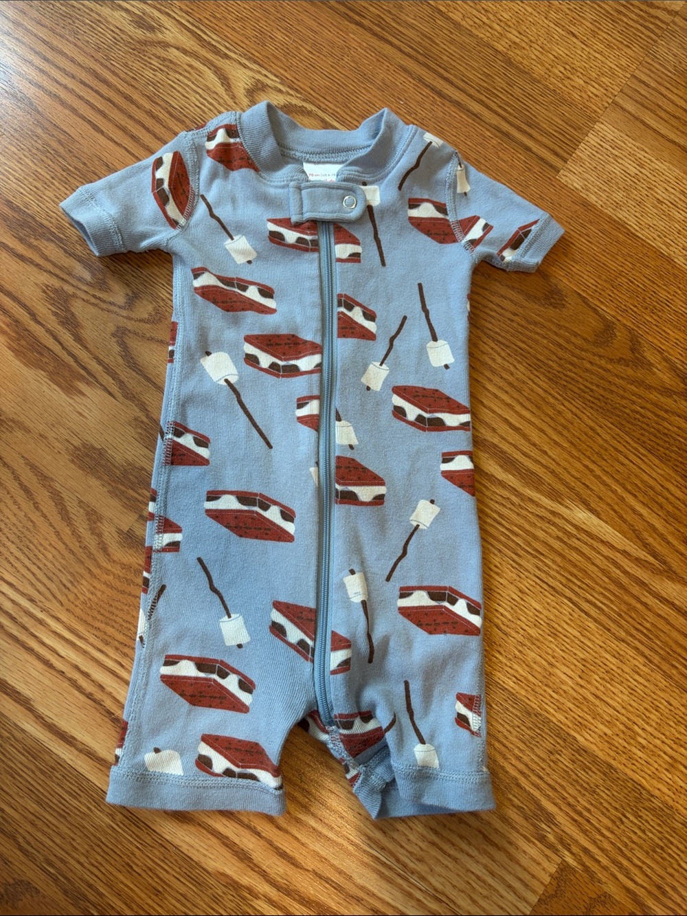 Hanna Andersson Light Blue S'mores Print Short-Sleeve Zipper Romper